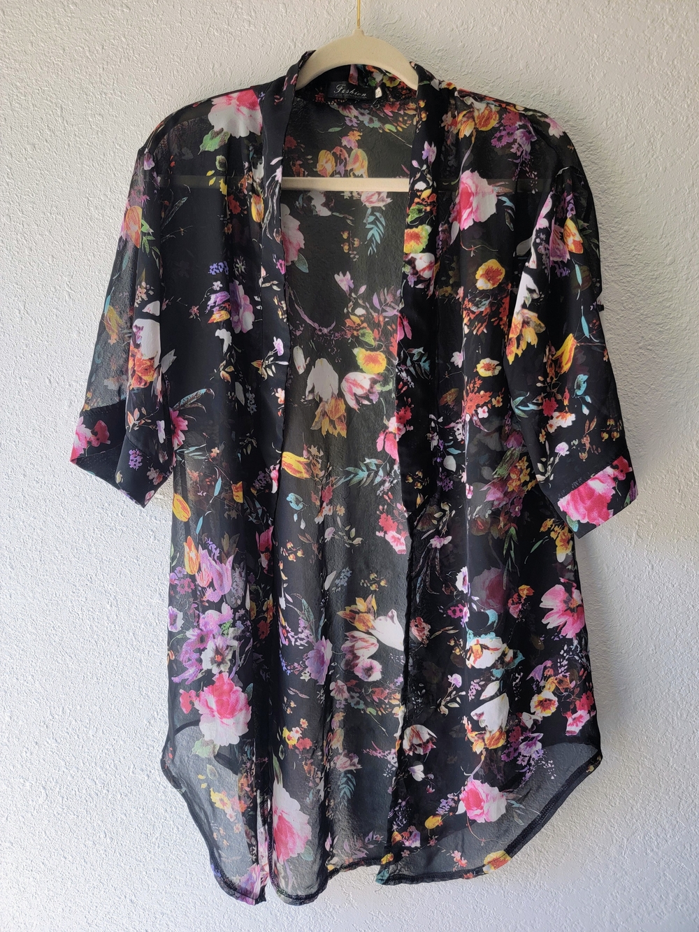 Sheer Floral Kimono Cardigan - Black with Pink & Purple Flowers
